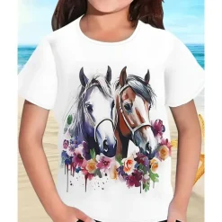 Girls' 3D Graphic Horse T shirt Tee Short Sleeve Summer Spring Fashion Basic Kids 4-12 Years Crew Neck Outdoor Casual Daily Regular Fit