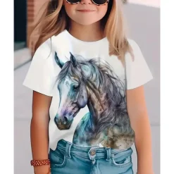 Girls' 3D Graphic Horse T shirt Tee Short Sleeve Summer Spring Fashion Basic Kids 4-12 Years Crew Neck Outdoor Casual Daily Regular Fit