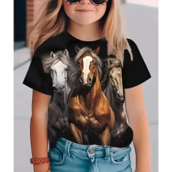 Girls' 3D Graphic Horse T shirt Tee Short Sleeve Summer Spring Fashion Basic Kids 4-12 Years Crew Neck Outdoor Casual Daily Regular Fit