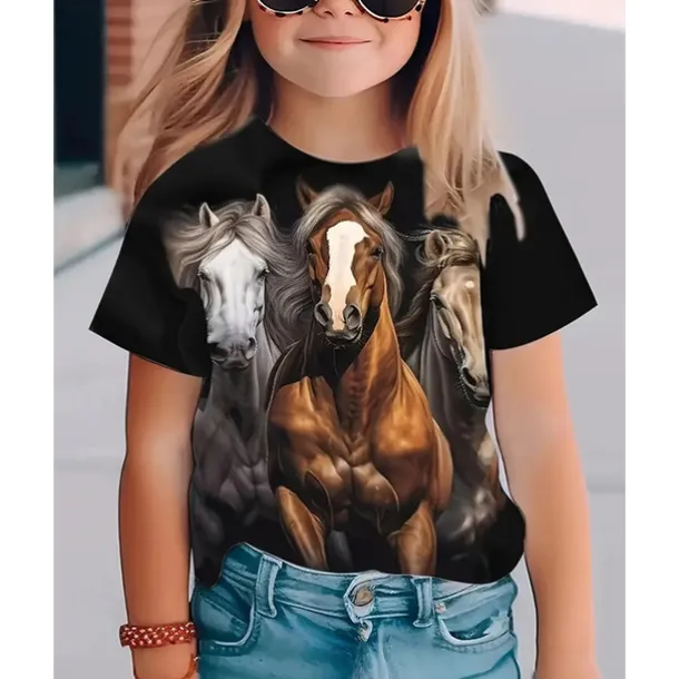 Girls' 3D Graphic Horse T shirt Tee Short Sleeve Summer Spring Fashion Basic Kids 4-12 Years Crew Neck Outdoor Casual Daily Regular Fit