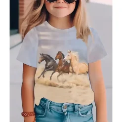Girls' 3D Graphic Horse T shirt Tee Short Sleeve Summer Spring Fashion Basic Kids 4-12 Years Crew Neck Outdoor Casual Daily Regular Fit