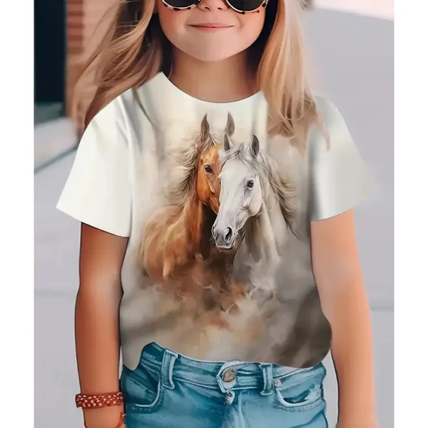 Girls' 3D Graphic Horse T shirt Tee Short Sleeve Summer Spring Fashion Basic Kids 4-12 Years Crew Neck Outdoor Casual Daily Regular Fit