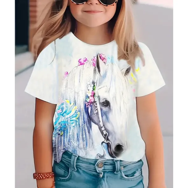 Girls' 3D Graphic Horse T shirt Tee Short Sleeve Summer Spring Fashion Basic Kids 4-12 Years Crew Neck Outdoor Casual Daily Regular Fit