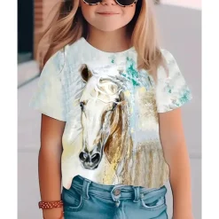 Girls' 3D Graphic Horse T shirt Tee Short Sleeve Summer Spring Fashion Basic Kids 4-12 Years Crew Neck Outdoor Casual Daily Regular Fit
