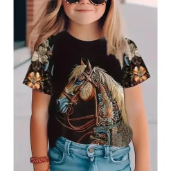 Girls' 3D Graphic Horse T shirt Tee Short Sleeve Summer Spring Fashion Basic Kids 4-12 Years Crew Neck Outdoor Casual Daily Regular Fit