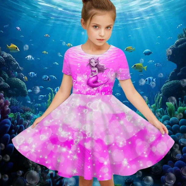 Girls' 3D Graphic Mermaid Dress Short Sleeve Summer Spring Vacation Daily Holiday Princess Beautiful Sweet Kids 4-12 Years Casual Dress A Line Dress Knee-length Regular Fit