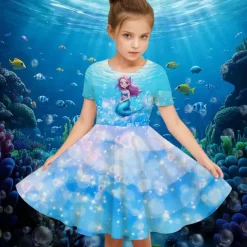 Girls' 3D Graphic Mermaid Dress Short Sleeve Summer Spring Vacation Daily Holiday Princess Beautiful Sweet Kids 4-12 Years Casual Dress A Line Dress Knee-length Regular Fit