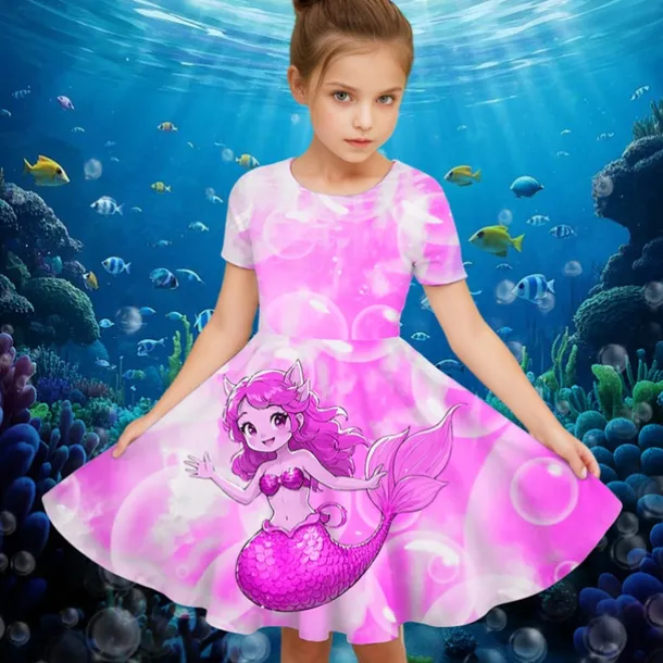 Girls' 3D Graphic Mermaid Dress Short Sleeve Summer Spring Vacation Daily Holiday Princess Beautiful Sweet Kids 4-12 Years Casual Dress A Line Dress Knee-length Regular Fit