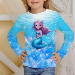 Girls' 3D Graphic Mermaid T shirt Tee Long Sleeve Spring Fall Fashion Basic Kids 4-12 Years Crew Neck Outdoor Casual Daily Regular Fit