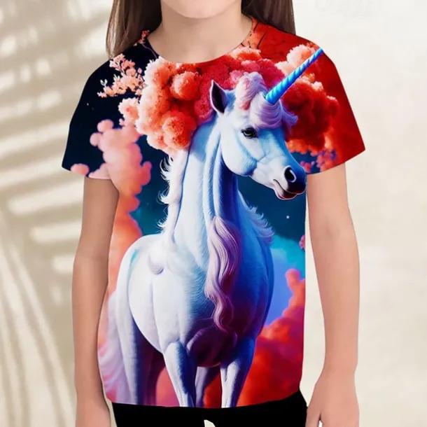 Girls' 3D Graphic Unicorn Cloud T shirt Tee Short Sleeve 3D Print Summer Spring Active Fashion Cute Kids 3-12 Years Outdoor Casual Daily Regular Fit