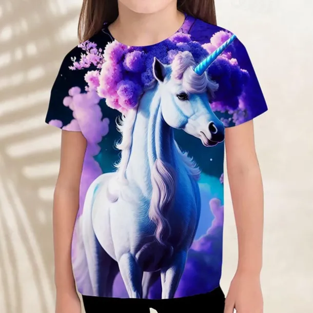 Girls' 3D Graphic Unicorn Cloud T shirt Tee Short Sleeve 3D Print Summer Spring Active Fashion Cute Kids 3-12 Years Outdoor Casual Daily Regular Fit