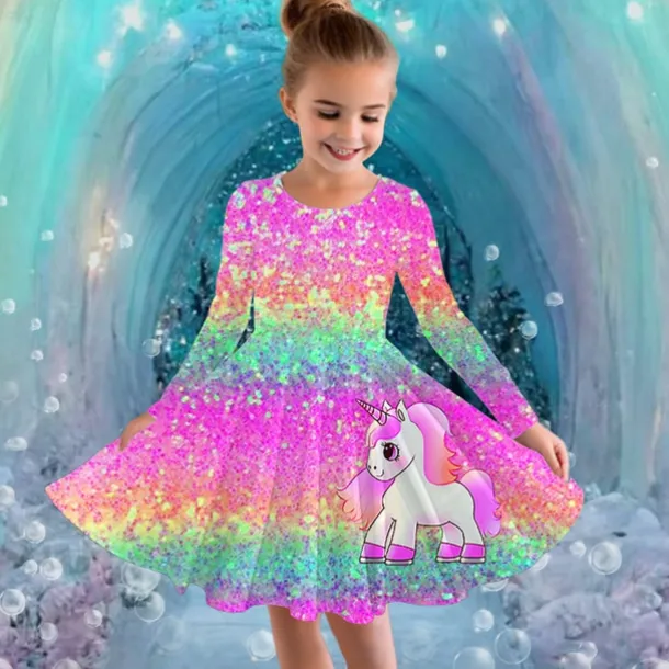 Girls' 3D Graphic Unicorn Dress Long Sleeve Summer Spring Vacation Daily Holiday Princess Beautiful Sweet Kids 4-12 Years Casual Dress A Line Dress Knee-length Regular Fit