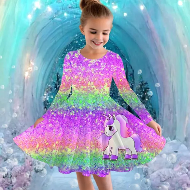 Girls' 3D Graphic Unicorn Dress Long Sleeve Summer Spring Vacation Daily Holiday Princess Beautiful Sweet Kids 4-12 Years Casual Dress A Line Dress Knee-length Regular Fit