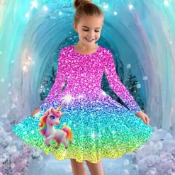 Girls' 3D Graphic Unicorn Dress Long Sleeve Summer Spring Vacation Daily Holiday Princess Beautiful Sweet Kids 4-12 Years Casual Dress A Line Dress Knee-length Regular Fit