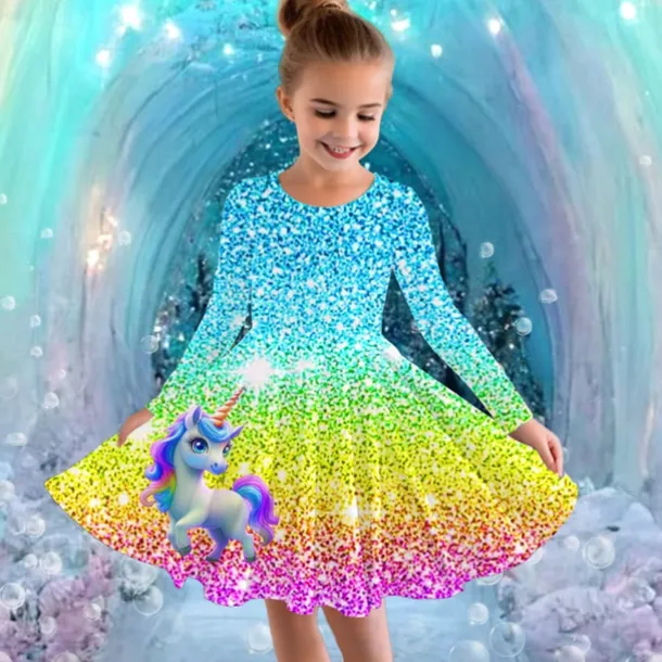 Girls' 3D Graphic Unicorn Dress Long Sleeve Summer Spring Vacation Daily Holiday Princess Beautiful Sweet Kids 4-12 Years Casual Dress A Line Dress Knee-length Regular Fit