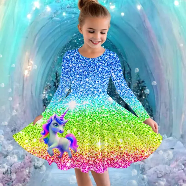 Girls' 3D Graphic Unicorn Dress Long Sleeve Summer Spring Vacation Daily Holiday Princess Beautiful Sweet Kids 4-12 Years Casual Dress A Line Dress Knee-length Regular Fit