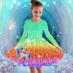 Girls' 3D Graphic Unicorn Dress Long Sleeve Summer Spring Vacation Daily Holiday Princess Beautiful Sweet Kids 4-12 Years Casual Dress A Line Dress Knee-length Regular Fit