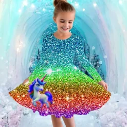 Girls' 3D Graphic Unicorn Dress Long Sleeve Summer Spring Vacation Daily Holiday Princess Beautiful Sweet Kids 4-12 Years Casual Dress A Line Dress Knee-length Regular Fit