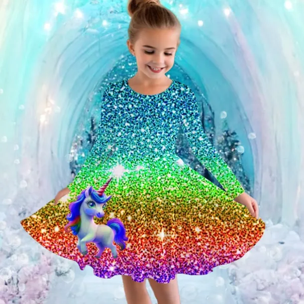 Girls' 3D Graphic Unicorn Dress Long Sleeve Summer Spring Vacation Daily Holiday Princess Beautiful Sweet Kids 4-12 Years Casual Dress A Line Dress Knee-length Regular Fit