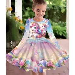 Girls' 3D Graphic Unicorn Dress Long Sleeve Summer Spring Vacation Daily Holiday Princess Beautiful Sweet Kids 4-12 Years Casual Dress A Line Dress Knee-length Regular Fit