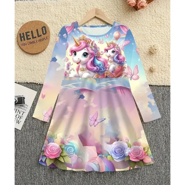 Girls' 3D Graphic Unicorn Dress Long Sleeve Summer Spring Vacation Daily Holiday Princess Beautiful Sweet Kids 4-12 Years Casual Dress A Line Dress Knee-length Regular Fit