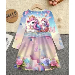 Girls' 3D Graphic Unicorn Dress Long Sleeve Summer Spring Vacation Daily Holiday Princess Beautiful Sweet Kids 4-12 Years Casual Dress A Line Dress Knee-length Regular Fit