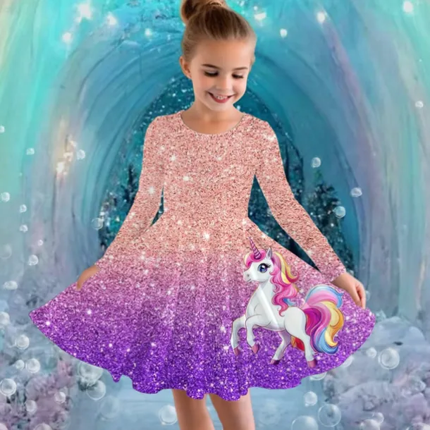 Girls' 3D Graphic Unicorn Dress Long Sleeve Summer Spring Vacation Daily Holiday Princess Beautiful Sweet Kids 4-12 Years Casual Dress A Line Dress Knee-length Regular Fit