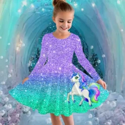 Girls' 3D Graphic Unicorn Dress Long Sleeve Summer Spring Vacation Daily Holiday Princess Beautiful Sweet Kids 4-12 Years Casual Dress A Line Dress Knee-length Regular Fit