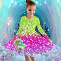 Girls' 3D Graphic Unicorn Dress Long Sleeve Summer Spring Vacation Daily Holiday Princess Beautiful Sweet Kids 4-12 Years Casual Dress A Line Dress Knee-length Regular Fit