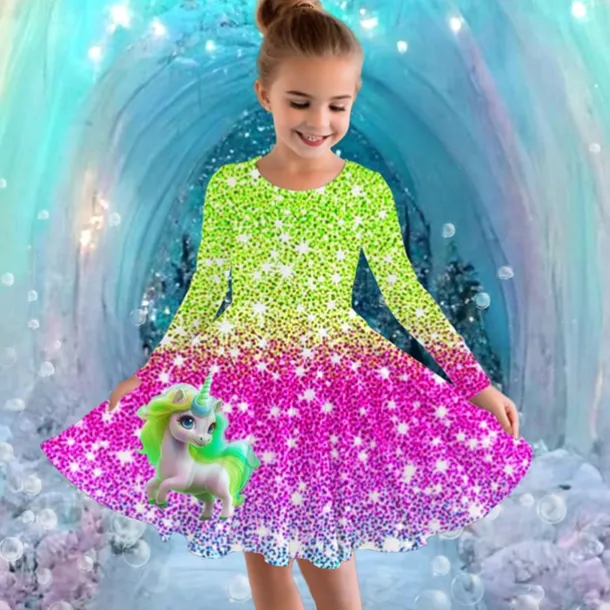 Girls' 3D Graphic Unicorn Dress Long Sleeve Summer Spring Vacation Daily Holiday Princess Beautiful Sweet Kids 4-12 Years Casual Dress A Line Dress Knee-length Regular Fit