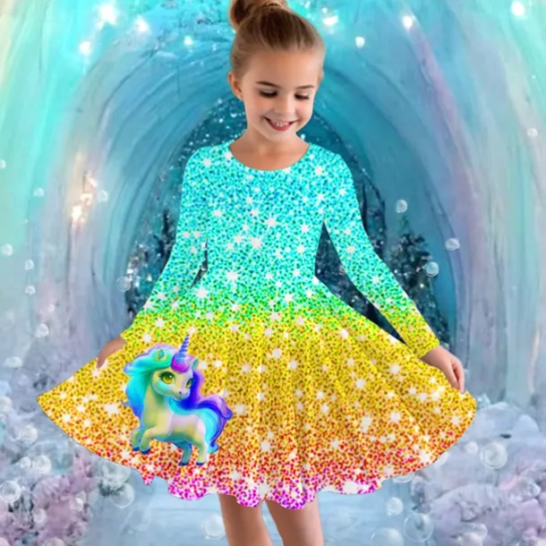 Girls' 3D Graphic Unicorn Dress Long Sleeve Summer Spring Vacation Daily Holiday Princess Beautiful Sweet Kids 4-12 Years Casual Dress A Line Dress Knee-length Regular Fit