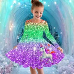 Girls' 3D Graphic Unicorn Dress Long Sleeve Summer Spring Vacation Daily Holiday Princess Beautiful Sweet Kids 4-12 Years Casual Dress A Line Dress Knee-length Regular Fit