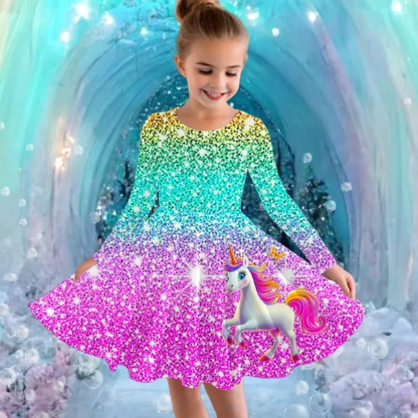 Girls' 3D Graphic Unicorn Dress Long Sleeve Summer Spring Vacation Daily Holiday Princess Beautiful Sweet Kids 4-12 Years Casual Dress A Line Dress Knee-length Regular Fit