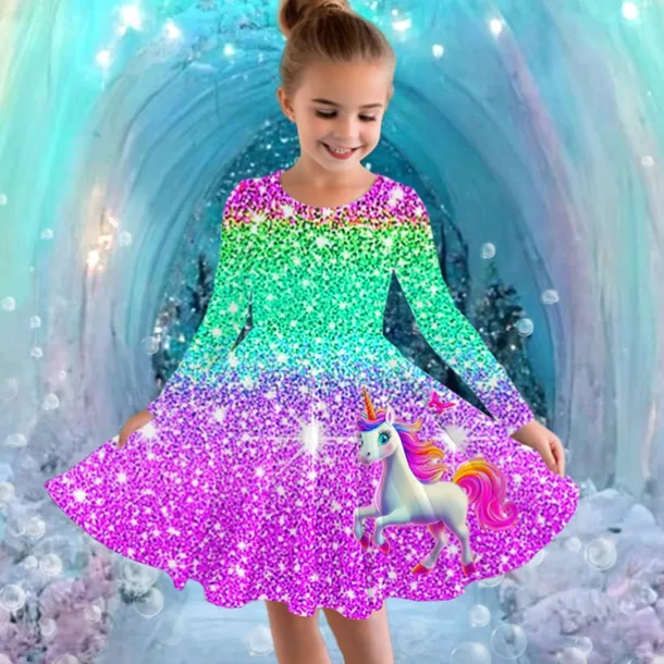 Girls' 3D Graphic Unicorn Dress Long Sleeve Summer Spring Vacation Daily Holiday Princess Beautiful Sweet Kids 4-12 Years Casual Dress A Line Dress Knee-length Regular Fit