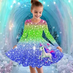 Girls' 3D Graphic Unicorn Dress Long Sleeve Summer Spring Vacation Daily Holiday Princess Beautiful Sweet Kids 4-12 Years Casual Dress A Line Dress Knee-length Regular Fit
