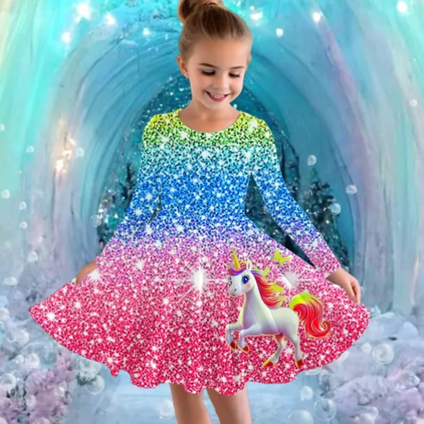 Girls' 3D Graphic Unicorn Dress Long Sleeve Summer Spring Vacation Daily Holiday Princess Beautiful Sweet Kids 4-12 Years Casual Dress A Line Dress Knee-length Regular Fit