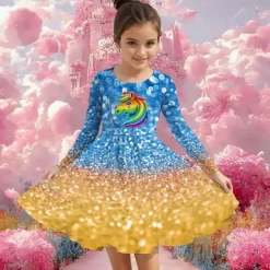 Girls' 3D Graphic Unicorn Dress Long Sleeve Summer Spring Vacation Daily Holiday Princess Beautiful Sweet Kids 4-12 Years Casual Dress A Line Dress Knee-length Regular Fit