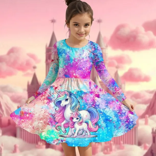 Girls' 3D Graphic Unicorn Dress Long Sleeve Summer Spring Vacation Daily Holiday Princess Beautiful Sweet Kids 4-12 Years Casual Dress A Line Dress Knee-length Regular Fit