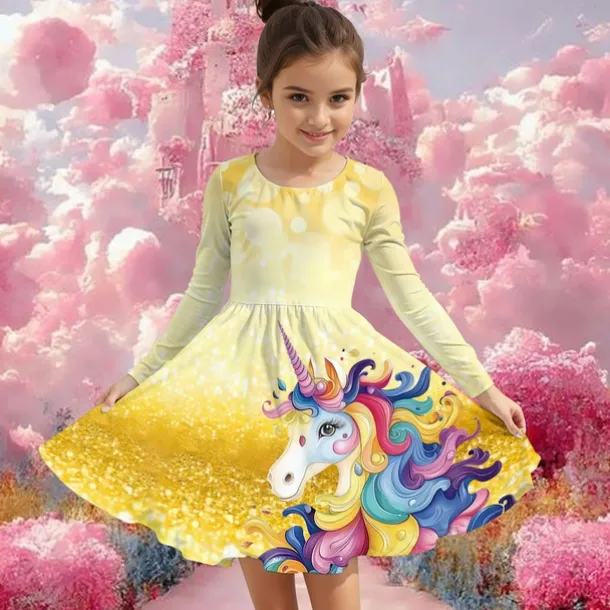 Girls' 3D Graphic Unicorn Dress Long Sleeve Summer Spring Vacation Daily Holiday Princess Beautiful Sweet Kids 4-12 Years Casual Dress A Line Dress Knee-length Regular Fit