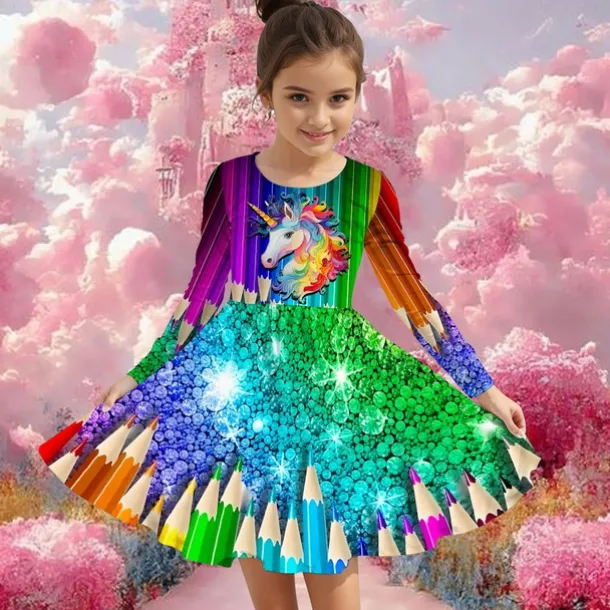 Girls' 3D Graphic Unicorn Dress Long Sleeve Summer Spring Vacation Daily Holiday Princess Beautiful Sweet Kids 4-12 Years Casual Dress A Line Dress Knee-length Regular Fit