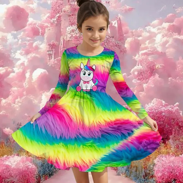 Girls' 3D Graphic Unicorn Dress Long Sleeve Summer Spring Vacation Daily Holiday Princess Beautiful Sweet Kids 4-12 Years Casual Dress A Line Dress Knee-length Regular Fit