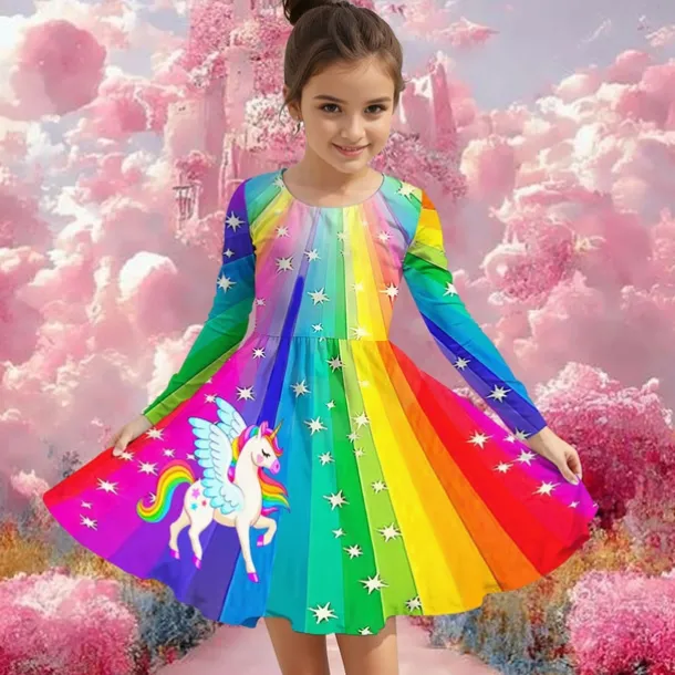 Girls' 3D Graphic Unicorn Dress Long Sleeve Summer Spring Vacation Daily Holiday Princess Beautiful Sweet Kids 4-12 Years Casual Dress A Line Dress Knee-length Regular Fit