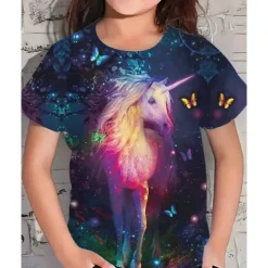 Girls' 3D Graphic Unicorn T shirt Tee Short Sleeve Summer Spring Fashion Basic Kids 4-12 Years Crew Neck Outdoor Casual Daily Regular Fit
