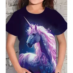 Girls' 3D Graphic Unicorn T shirt Tee Short Sleeve Summer Spring Fashion Basic Kids 4-12 Years Crew Neck Outdoor Casual Daily Regular Fit