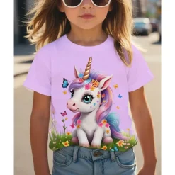 Girls' 3D Graphic Unicorn T shirt Tee Short Sleeve Summer Spring Fashion Basic Kids 4-12 Years Crew Neck Outdoor Casual Daily Regular Fit