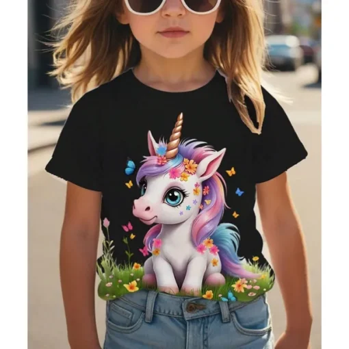 Girls' 3D Graphic Unicorn T shirt Tee Short Sleeve Summer Spring Fashion Basic Kids 4-12 Years Crew Neck Outdoor Casual Daily Regular Fit