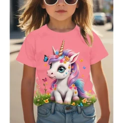 Girls' 3D Graphic Unicorn T shirt Tee Short Sleeve Summer Spring Fashion Basic Kids 4-12 Years Crew Neck Outdoor Casual Daily Regular Fit