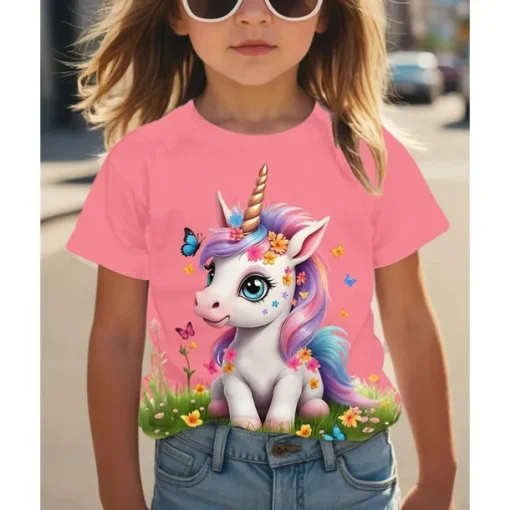 Girls' 3D Graphic Unicorn T shirt Tee Short Sleeve Summer Spring Fashion Basic Kids 4-12 Years Crew Neck Outdoor Casual Daily Regular Fit
