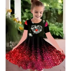 Girls' 3D Heart Graphic Dress Short Sleeve Summer Spring Vacation Daily Holiday Princess Beautiful Sweet Kids 4-12 Years Casual Dress A Line Dress Knee-length Regular Fit