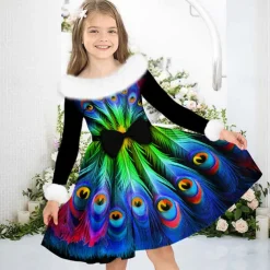 Girls' 3D Peacock Dress Long Sleeve 3D Print Fall Winter Vacation Sports & Outdoor Daily Cute Casual Beautiful Kids 3-12 Years Casual Dress Swing Dress A Line Dress Above Knee Regular Fit